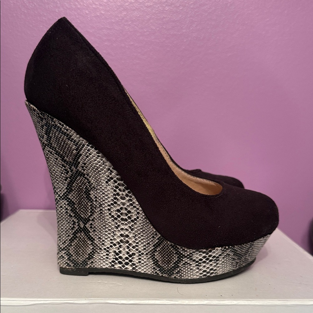 Mishka Black and Snake Print Wedges